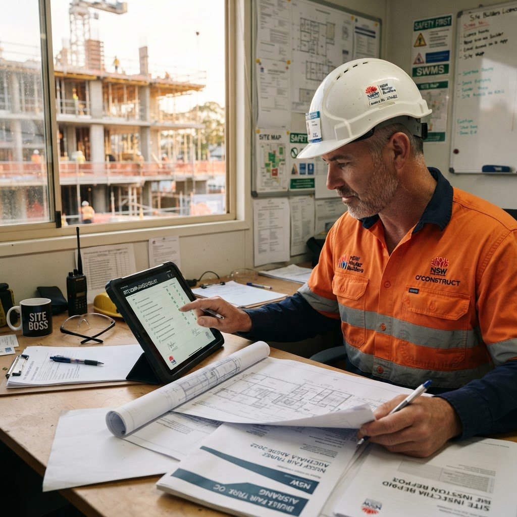 Licensed NSW builder reviewing CPD learning area compliance checklist on site — Builders CPD Online RTO 91528