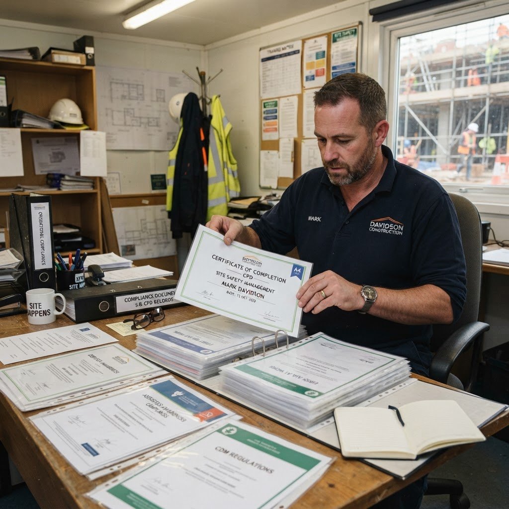 NSW builder filing CPD certificates in a compliance folder — RTO 91528