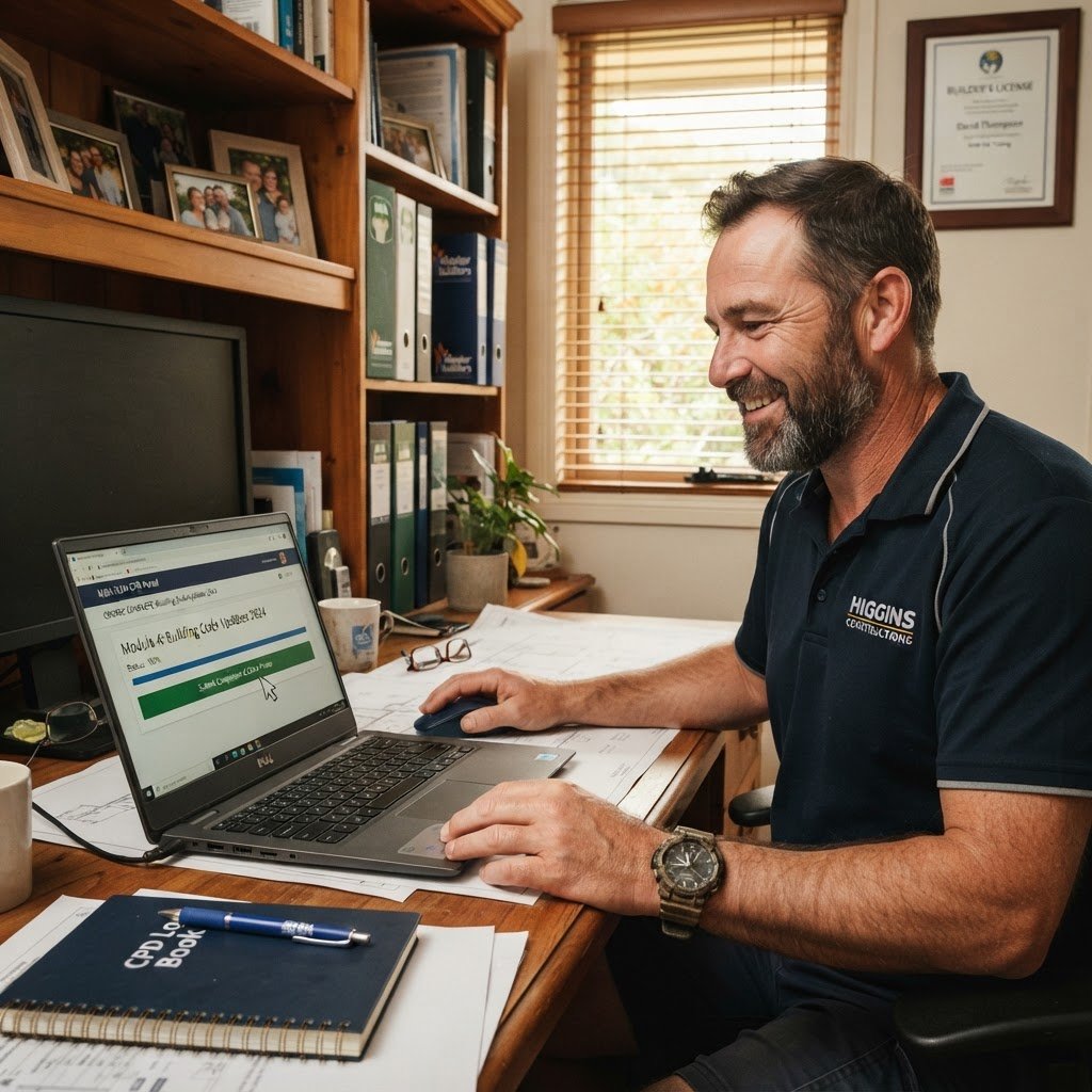 NSW builder finishing an online CPD course before certificate download — Builders CPD Online