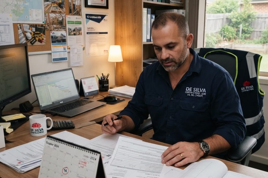 NSW builder reviewing licence renewal documents on desk — Builders CPD Online RTO 91528