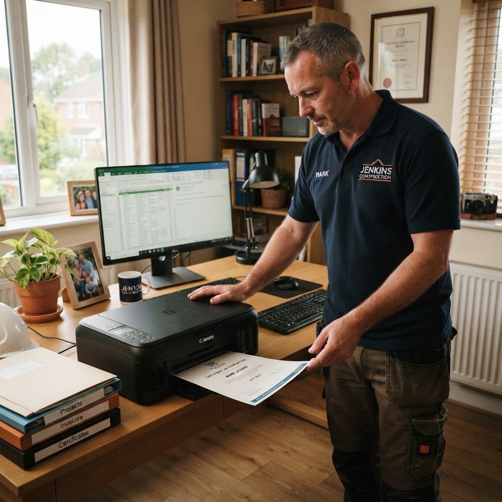 NSW builder printing a completed CPD certificate at home office