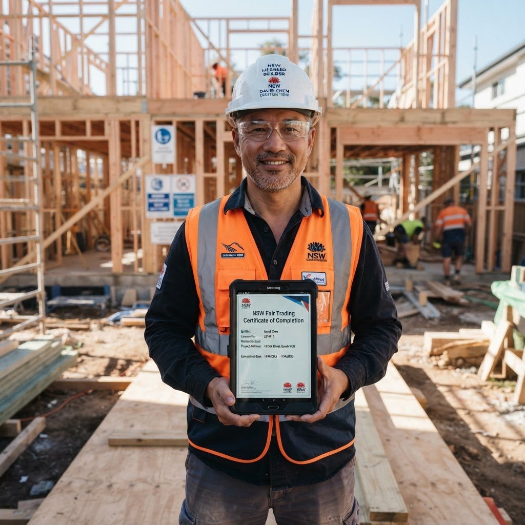 NSW licensed builder on site holding a tablet showing completed CPD certificate