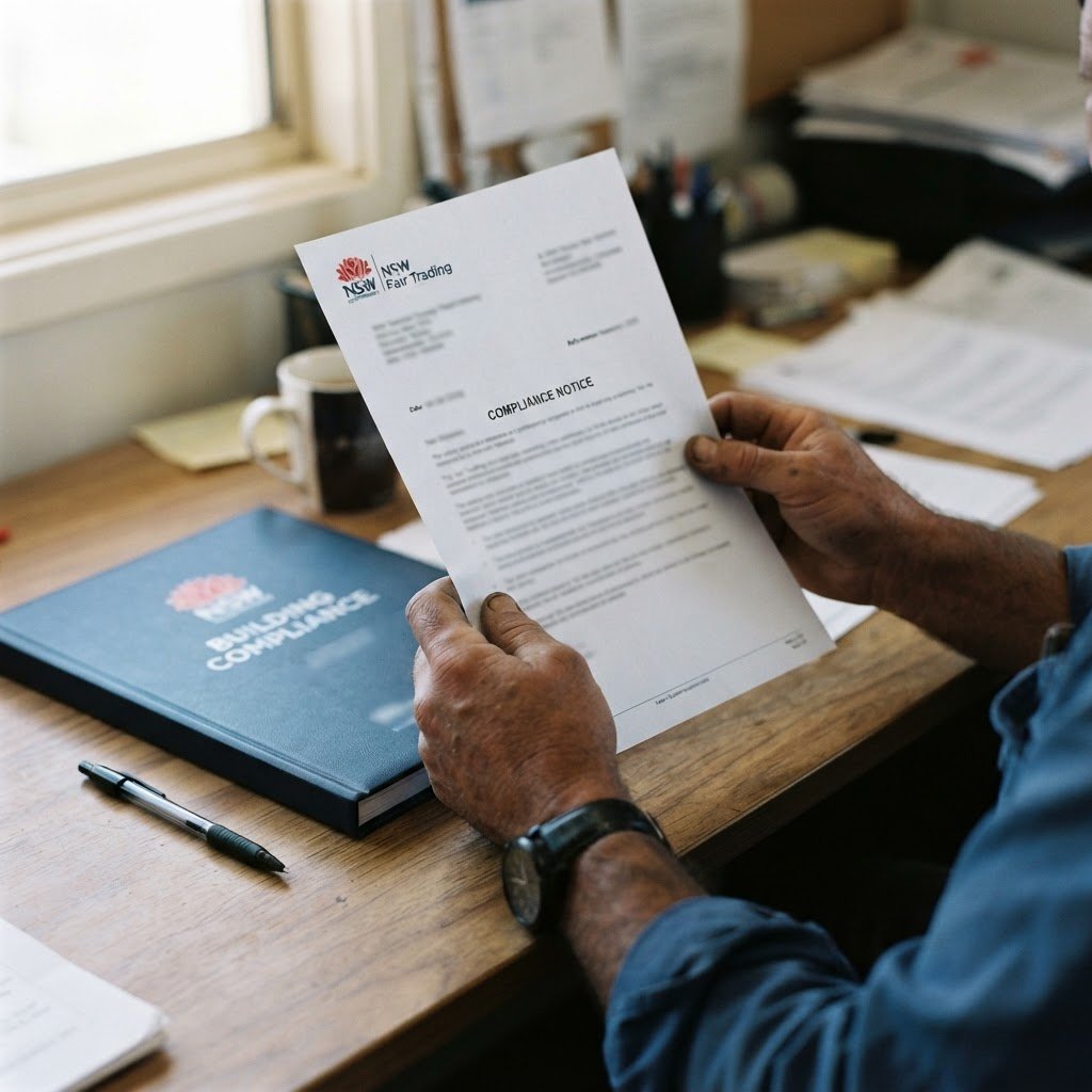 NSW builder holding an official compliance notice letter — RTO 91528