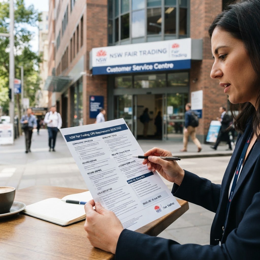 NSW Fair Trading compliance document and building exterior — CPD deadline requirements