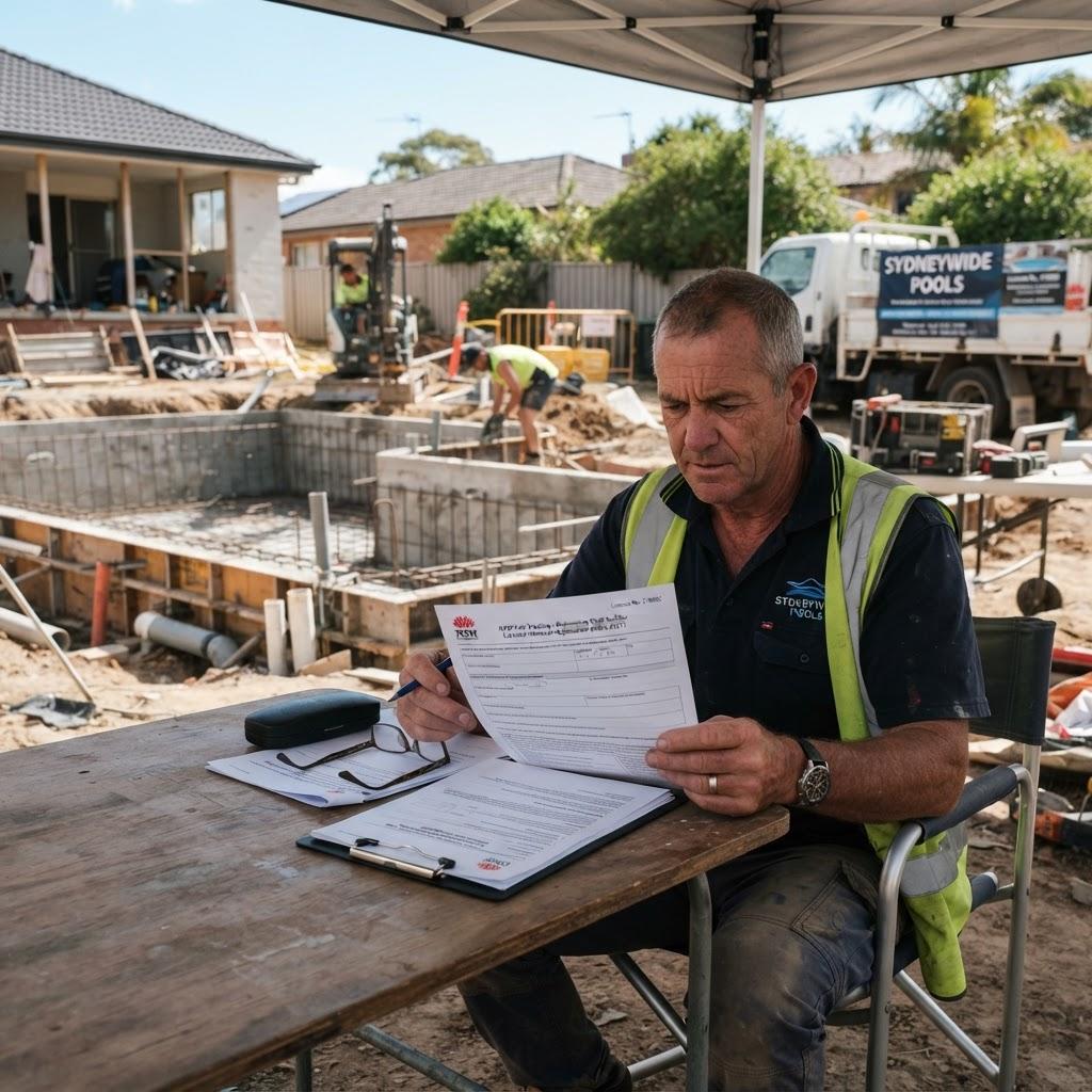 NSW pool and spa builder reviewing licence renewal fees on site