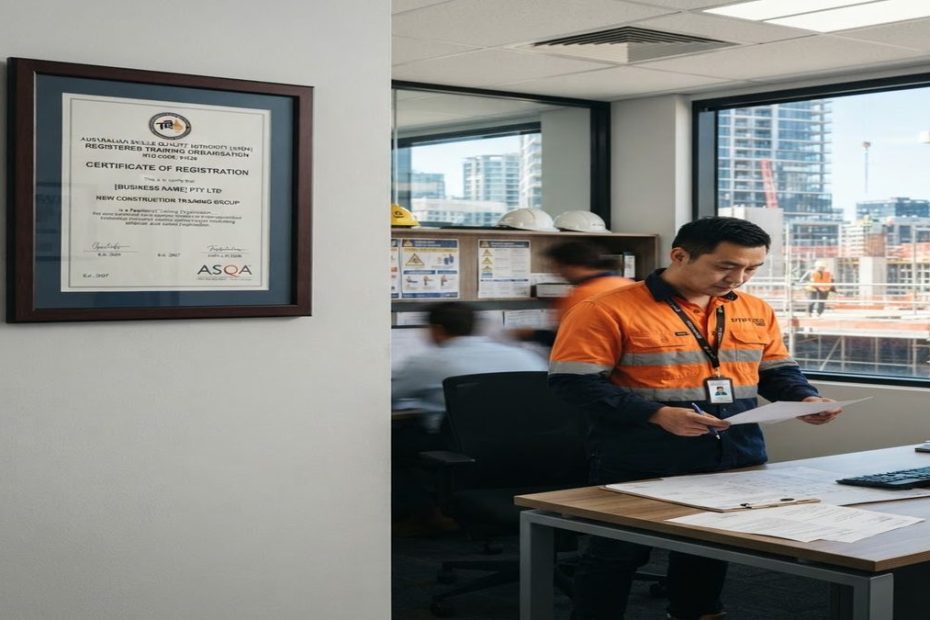 RTO 91528 certificate displayed in NSW builder office — Builders CPD Online registered training organisation