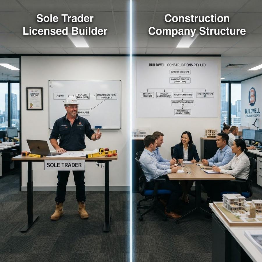 Comparison diagram — sole trader contractor vs company contractor licence structure — NSW builder licence hierarchy