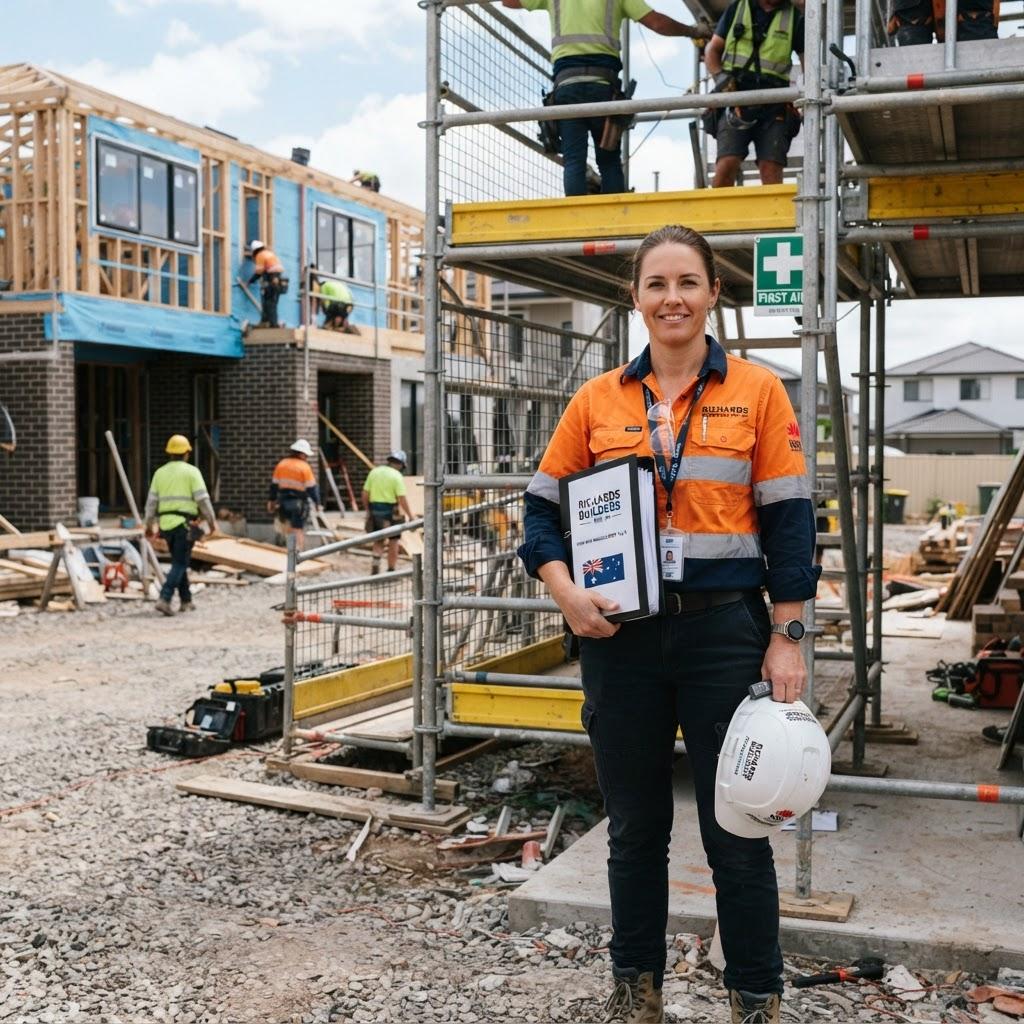 NSW construction supervisor with WHS safety folder on residential building site — Builders CPD Online