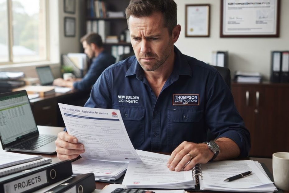 NSW builder reviewing business documents and licence status during liquidation - Builders CPD Online RTO 91528