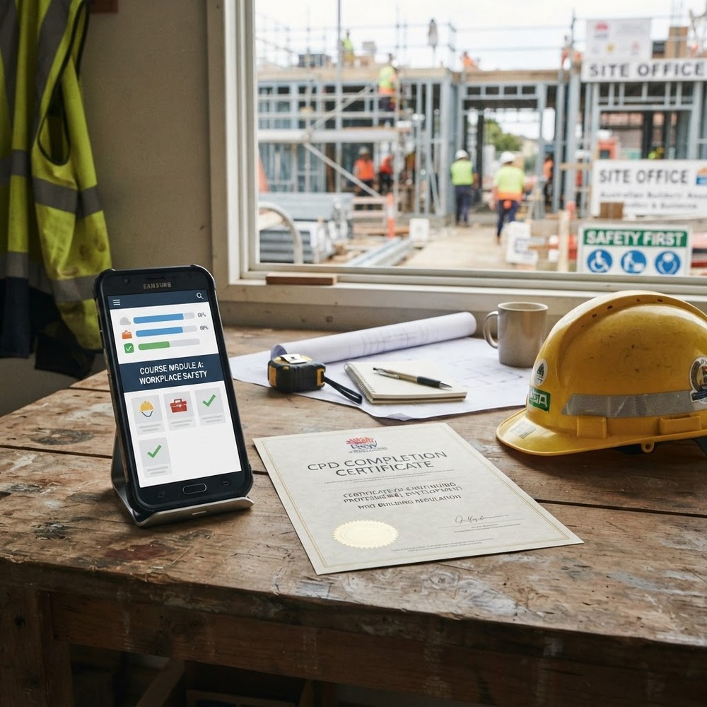 NSW builder completing online CPD course on mobile - CPD points NSW - RTO 91528
