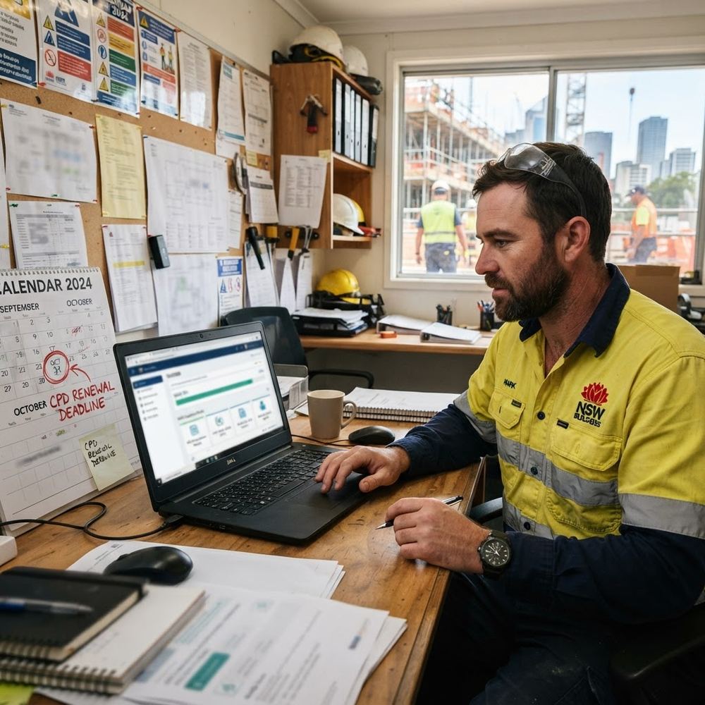 NSW builder completing online CPD beside a renewal deadline - online CPD before licence renewal - Builders CPD Online RTO 91528
