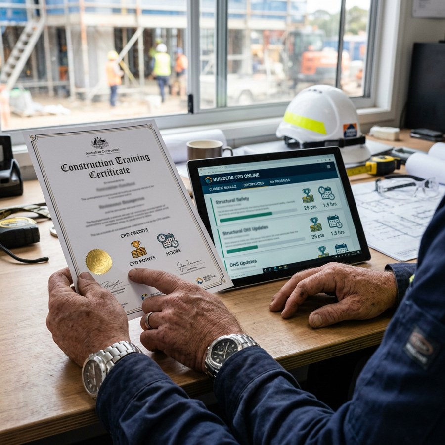 NSW builder reviewing a CPD certificate and online training modules - CPD points versus hours - Builders CPD Online RTO 91528