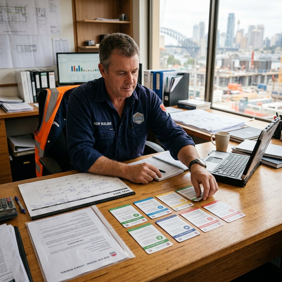 NSW builder organising CPD learning areas beside a licence renewal calendar - CPD points planning - Builders CPD Online RTO 91528