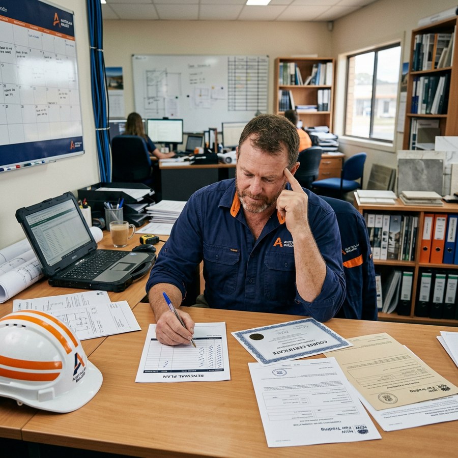 Australian builder preparing a 12-point CPD renewal plan with compliance documents - NSW builder CPD - Builders CPD Online