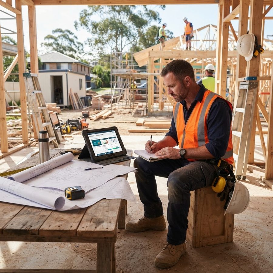 Australian residential builder completing online CPD on a tablet between site visits - NSW builder CPD - Builders CPD Online RTO 91528