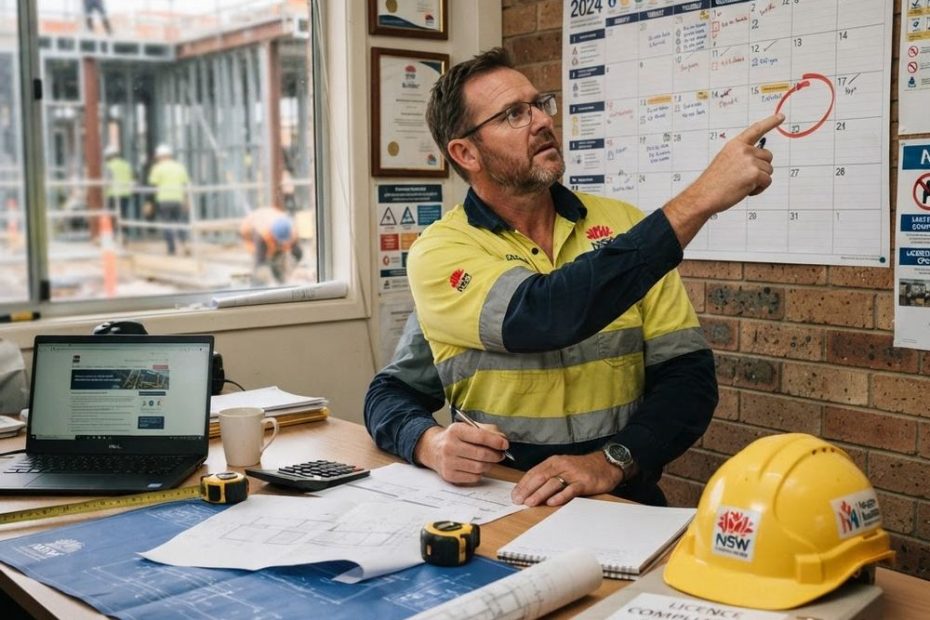 NSW builder checking a licence renewal deadline calendar - builder CPD renewal timing - Builders CPD Online RTO 91528