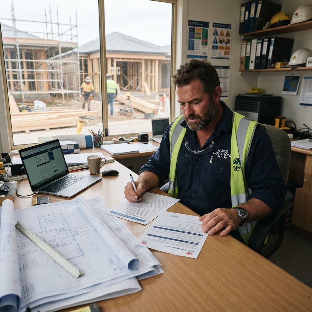 NSW builder reviewing a renewal notice and CPD checklist - submit CPD before licence renewal - Builders CPD Online RTO 91528