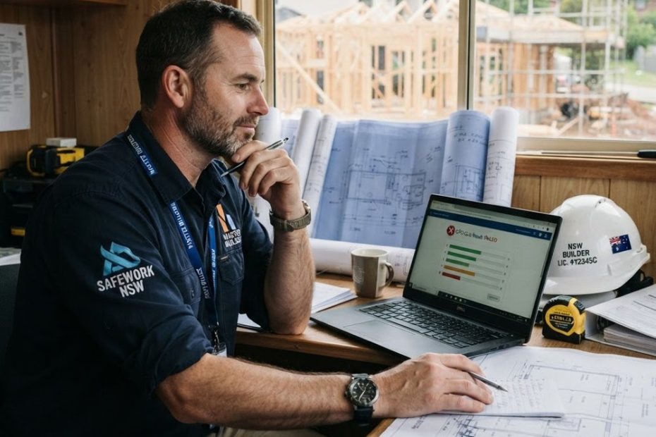 Licensed NSW builder reviewing an online CPD quiz result before licence renewal - failed CPD quiz - RTO 91528