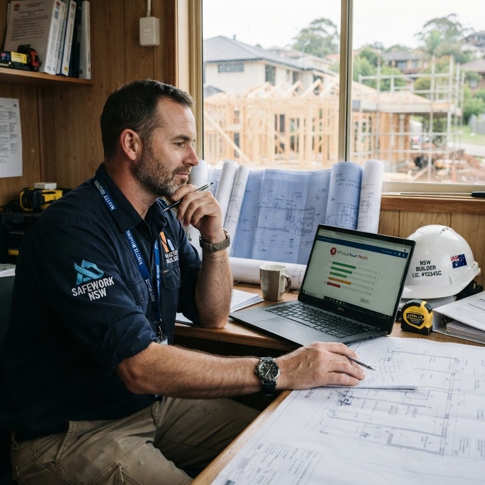 Licensed NSW builder reviewing an online CPD quiz result before licence renewal - failed CPD quiz - RTO 91528