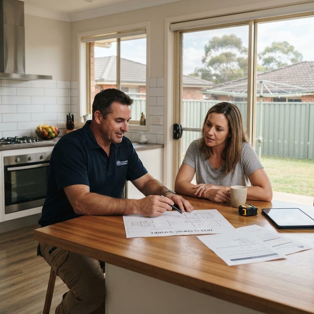 NSW builder and homeowner reviewing a defects repair plan - building defect complaint response - Builders CPD Online RTO 91528
