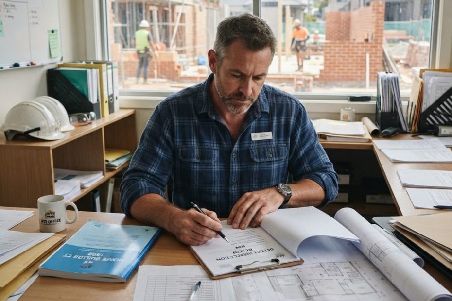 NSW builder reviewing defects and Home Building Act liability documents - builder defects liability - Builders CPD Online RTO 91528