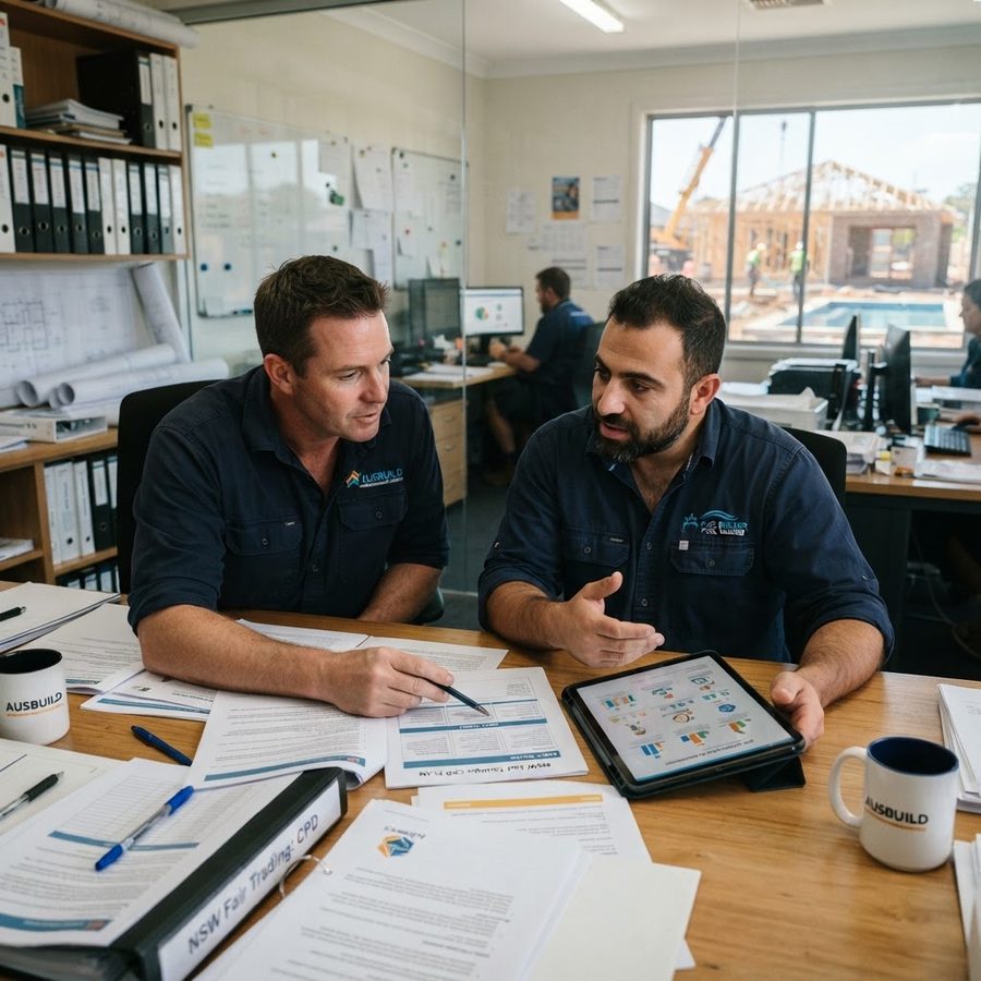 Pool builder comparing eight CPD learning areas with course notes in an Australian site office - NSW builder CPD learning areas - Builders CPD Online