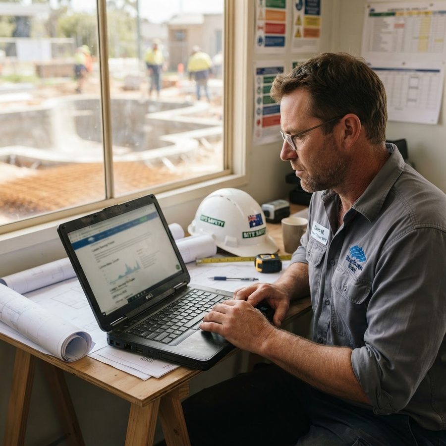 NSW pool builder checking contractor licence category and CPD points on a laptop - pool builder licence CPD - RTO 91528