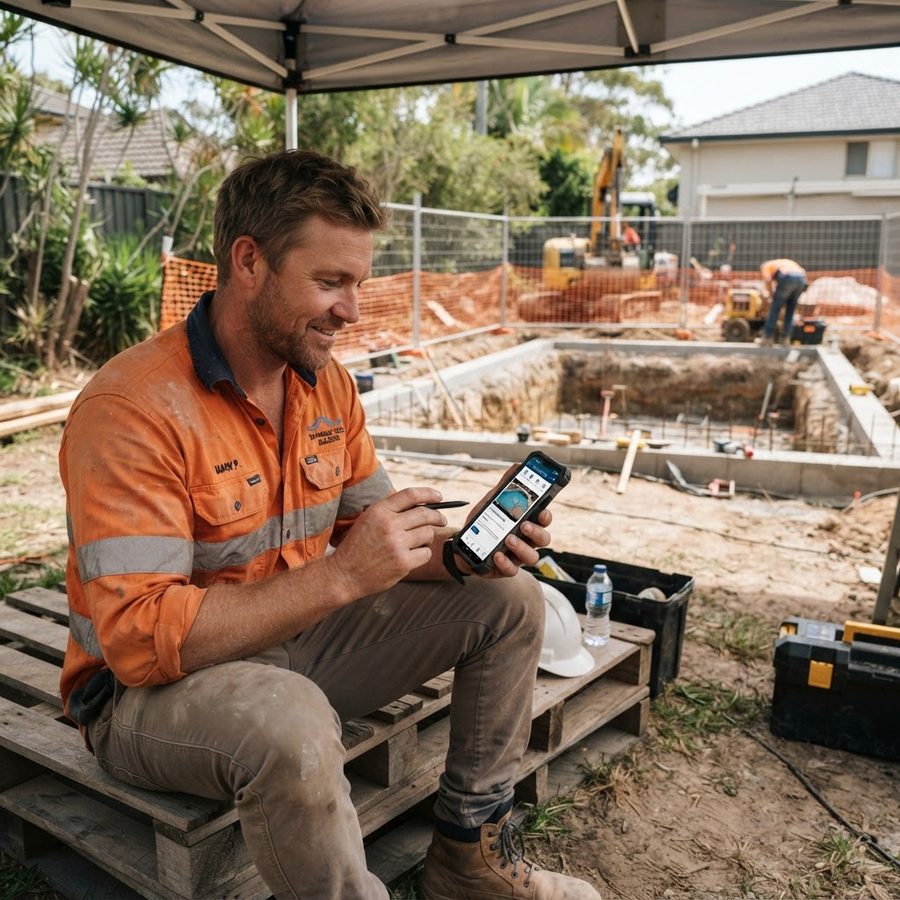 NSW pool builder completing an online CPD course on a smartphone during a site break - online pool builder CPD - RTO 91528