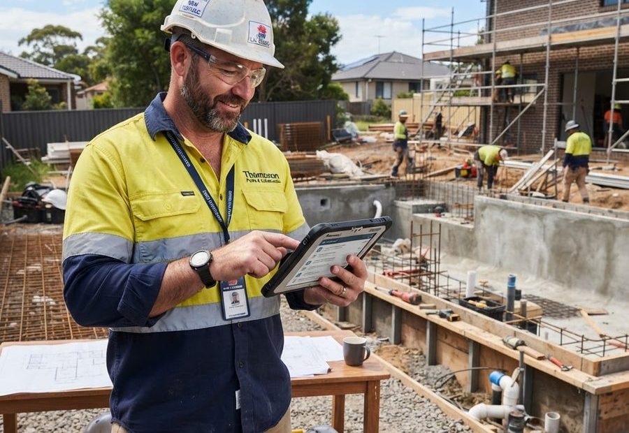 NSW pool builder reviewing a CPD checklist beside a pool construction site - pool builder CPD comparison - Builders CPD Online RTO 91528