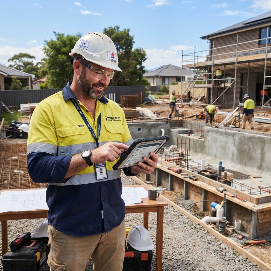 NSW pool builder reviewing a CPD checklist beside a pool construction site - pool builder CPD comparison - Builders CPD Online RTO 91528